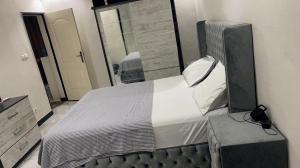 1 dormitorio con 1 cama grande y espejo grande en Hôtel Résidence Aïcha Tambacounda, en Tambacounda