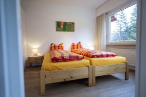 - une chambre avec un lit avec deux oreillers et une fenêtre dans l'établissement Brentschpark Wohnung C 96, à Scuol