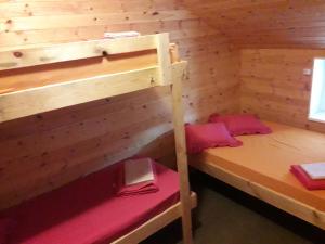 Zimmer mit 2 Etagenbetten in einer Hütte in der Unterkunft Toma pirts LIELĀ in Ikšķile