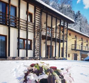 un edificio en la nieve con flores en el primer plano en Posestvo Laz - The Laz Estate, en Voglarji