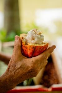 a hand holding a piece of food with cream on it at Muong Dinh Lodge in Ấp Nhơn Bình