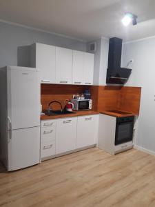 a small kitchen with white cabinets and a microwave at Przytulny Apartament na Strzeleckiej in Płock