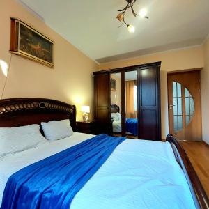 利維夫的住宿－новобуд 2 кімнати Вернадського 8，一间卧室配有一张带蓝色毯子的大床