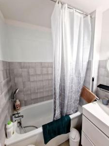 uma casa de banho com uma banheira e uma cortina de chuveiro em "Le Bisontin", studio cosy au calme, proche de la gare em Besançon
