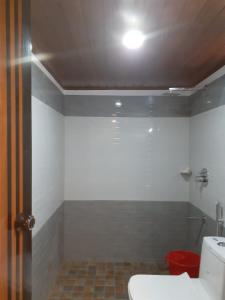 La salle de bains est pourvue de toilettes et d'une lumière au plafond. dans l'établissement River View Guest Rooms, à Vythiri
