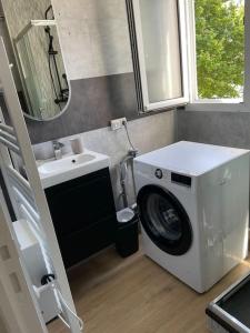 ダンケルクにあるGDK locations meublés DUNKERQUEの洗面台の隣のバスルーム(洗濯機付)