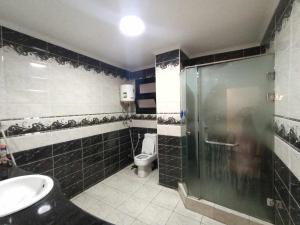 uma casa de banho com um chuveiro e um WC. em شقه مفروشه كورنيش المعادى no Cairo