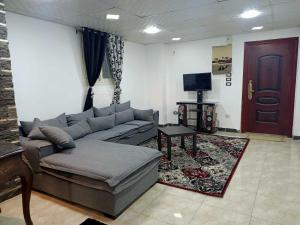 uma sala de estar com um sofá e uma televisão em شقه مفروشه كورنيش المعادى no Cairo
