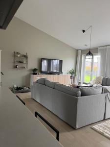 a living room with a couch and a tv at New luxurious Villa in Helsingborg close to the City in Helsingborg