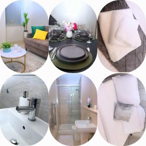 un collage de diferentes fotos de un baño en Kest Cozy Apartment in Leeds! en Leeds