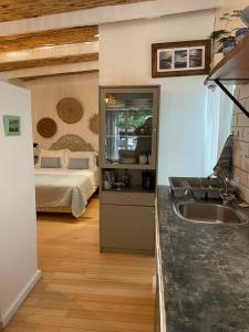 a kitchen with a sink and a bed in a room at Dreamtime Studio in Kommetjie