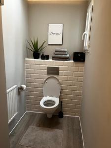 a bathroom with a toilet with a brick wall at Villa Moselstrand in Moselkern