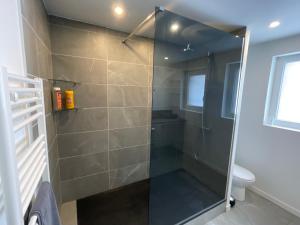 um chuveiro com uma porta de vidro na casa de banho em Appartement 77 em Lans-en-Vercors