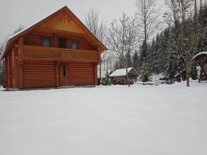 a log cabin with snow on the ground at Біля річки in Izki