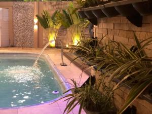 a swimming pool with a fountain in a yard with plants at Pousada Velosmar in Porto De Galinhas