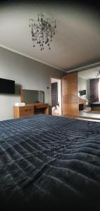 ein großes Schlafzimmer mit einem Bett und einem Kronleuchter in der Unterkunft 1 комнатная квартира в Павлодаре in Pawlodar