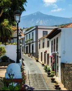 a cobblestone street with houses and a street light at Apartamento Playa San Marcos in Icod de los Vinos