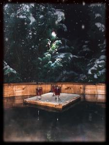 a table in the water with two glasses on it at Górski Wypoczynek in Stryszawa