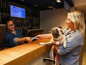 uma mulher segurando um pequeno cão em uma mesa em ibis budget RJ Copacabana no Rio de Janeiro