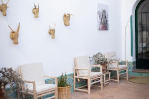 - un ensemble de chaises assises sur une terrasse dans l'établissement El traslado alojamiento rural, à El Rocío