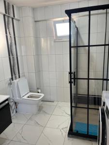 a bathroom with a toilet and a glass shower at Yalova Apartments in Yalova