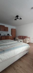 a bedroom with a large bed and a kitchen at Ferienwohnung Schulzental in Ilmenau +6 photos