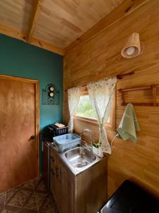 una pequeña cocina con fregadero y ventana en Siempre Verde en Puerto Tranquilo