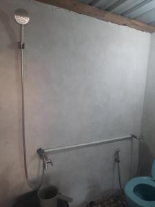 uma casa de banho com um chuveiro e um WC azul em Boneputeh Homestay em Taliwang