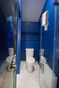 La salle de bains bleue est pourvue de toilettes et d'une douche. dans l'établissement Le Saint-Crème, à Alma