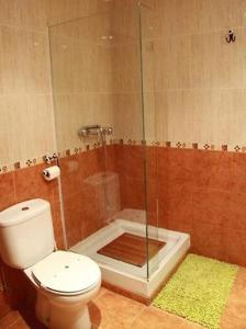 uma casa de banho com um WC e uma cabina de duche em vidro. em La Tellería em Valjunquera