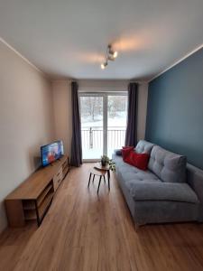 a living room with a gray couch and a large window at SUNNY HILL , KOWARY in Kowary