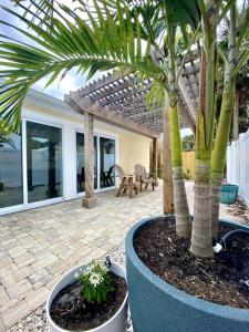 a patio with two palm trees and a house at NEW! Chic & Cozy Lantana near the Beach & Flagler in New Smyrna Beach