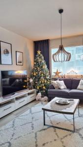 a living room with a christmas tree and a couch at Arctic Circle Home in Rovaniemi