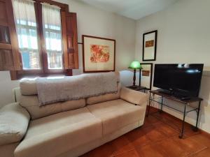 ein Wohnzimmer mit Sofa und Flachbildfernseher in der Unterkunft La Tienda de Porrúa in Llanes