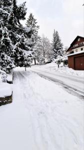 a snow covered street with trees and a house at Hotel garni Am Hochwald in Braunlage