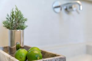 a sink filled with limes and a potted plant at The 360° Caldera view house by Caldera Houses in Imerovigli