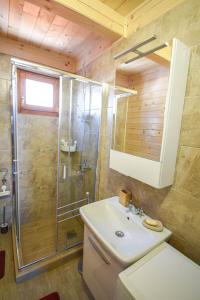 a bathroom with a shower and a sink at Koliba Vuk in Sekulić 