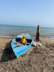 une personne assise dans un bateau bleu sur la plage dans l'établissement Luxe à petit prix, à Salambôo