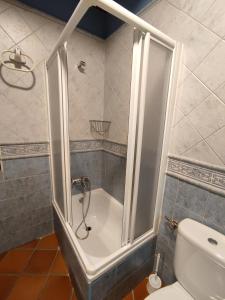 y baño con ducha y aseo. en Casa Rural Puerta del Sol de 3 habitaciones en Candelario