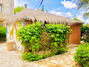 a small house with a thatched roof with plants at Hotel Toolbi in Niaga