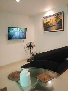 uma sala de estar com uma mesa de vidro e um sofá em Boracay Apartment unit 5 em Boracay