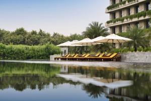 un grupo de sillas y sombrillas junto a una masa de agua en The Oberoi Gurgaon, en Gurgaon