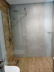una doccia con porta in vetro in bagno di Cavo D'oro Beach Hotel a Kávos