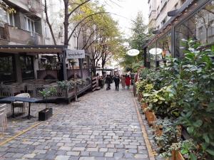 a cobblestone street with people walking down it at MiRo Skadarlija Apartment in Belgrade +6 photos