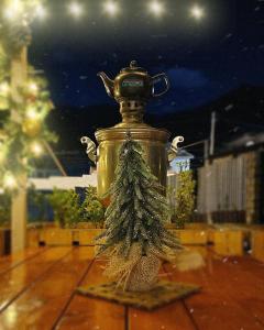 a jar with a pine tree in it on a table at Pavlove Tiny Bus House in Qabala in Gabala