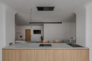 eine Küche mit einer Spüle und einer Arbeitsplatte in der Unterkunft Sfumato Rooms in Odessa