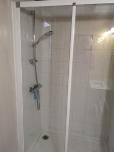 a shower with a glass door in a bathroom at Et pourquoi pas des vacances naturistes à la Jenny ? in Le Porge