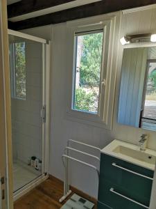 a bathroom with a sink and a mirror at Et pourquoi pas des vacances naturistes à la Jenny ? in Le Porge