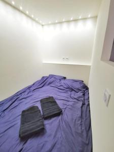 2 Handtücher auf einem lila Bett in einem Zimmer in der Unterkunft L'alcôve (Centre - Gare - Commerces) in Lens