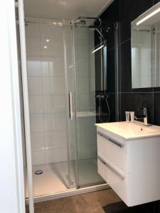 een badkamer met een glazen douche en een wastafel bij Enkhuizer Strand Cube Elite Hafenpanorama mit Dachterrasse Haus Nr 339 in Enkhuizen